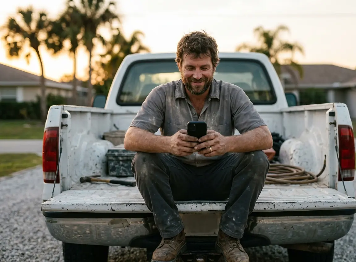 The same tradesman on his tailgate twice: once at dusk with his phone at his side, once at golden hour looking at his phone and smiling.