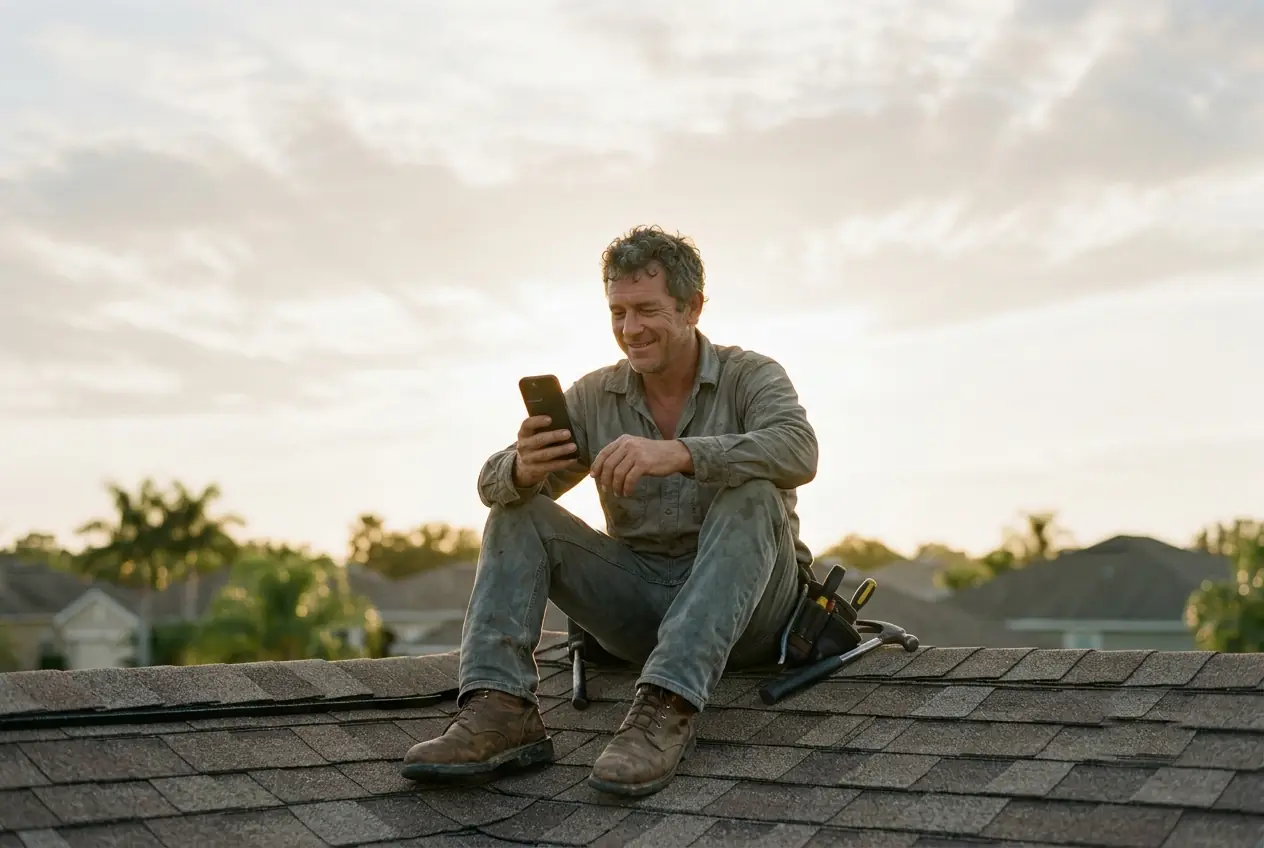 A roofer sitting on a finished roof at the end of the day, looking at his phone.